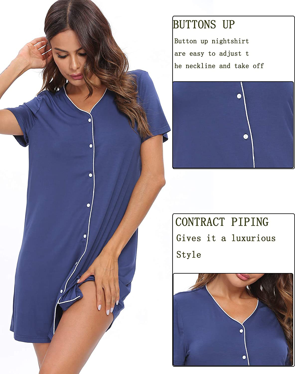 SWOMOG Women'S Button down Nightgown Short Sleeve Nightshirt V-Neck Sleepwear Boyfriend Sleepshirt Pajama Dress Apparel & Accessories > Clothing > Sleepwear & Loungewear > Nightgowns Kylie Max
