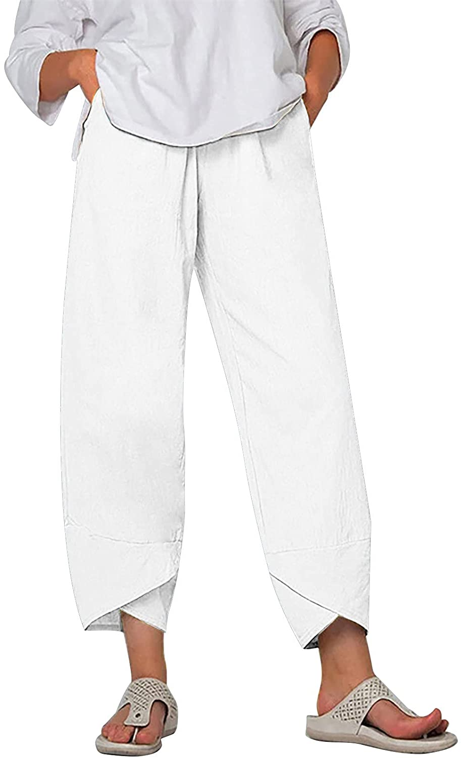 Burband Womens Summer Baggy Cotton Linen Cropped Work Pants Casual Drawstring Loose Beach Yoga Harem Pants plus Size S-6XL Apparel & Accessories > Clothing > Underwear & Socks > Shapewear Burband White Small