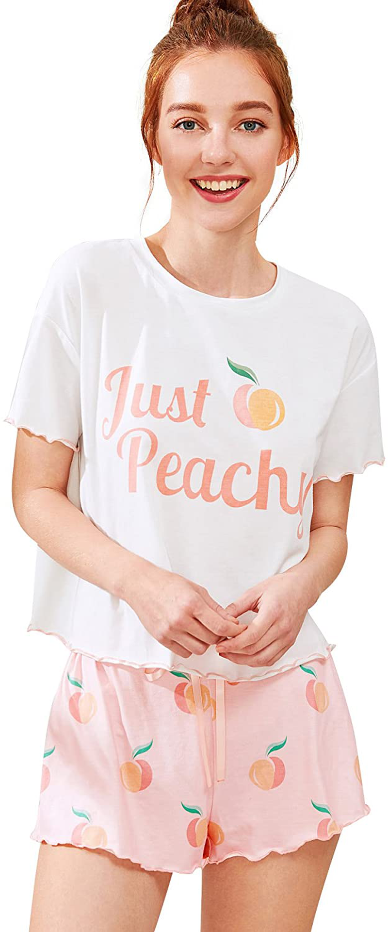DIDK Women's Cute Cartoon Print Tee and Shorts Pajama Set Apparel & Accessories > Clothing > Sleepwear & Loungewear > Pajamas DIDK Peach Pink Medium