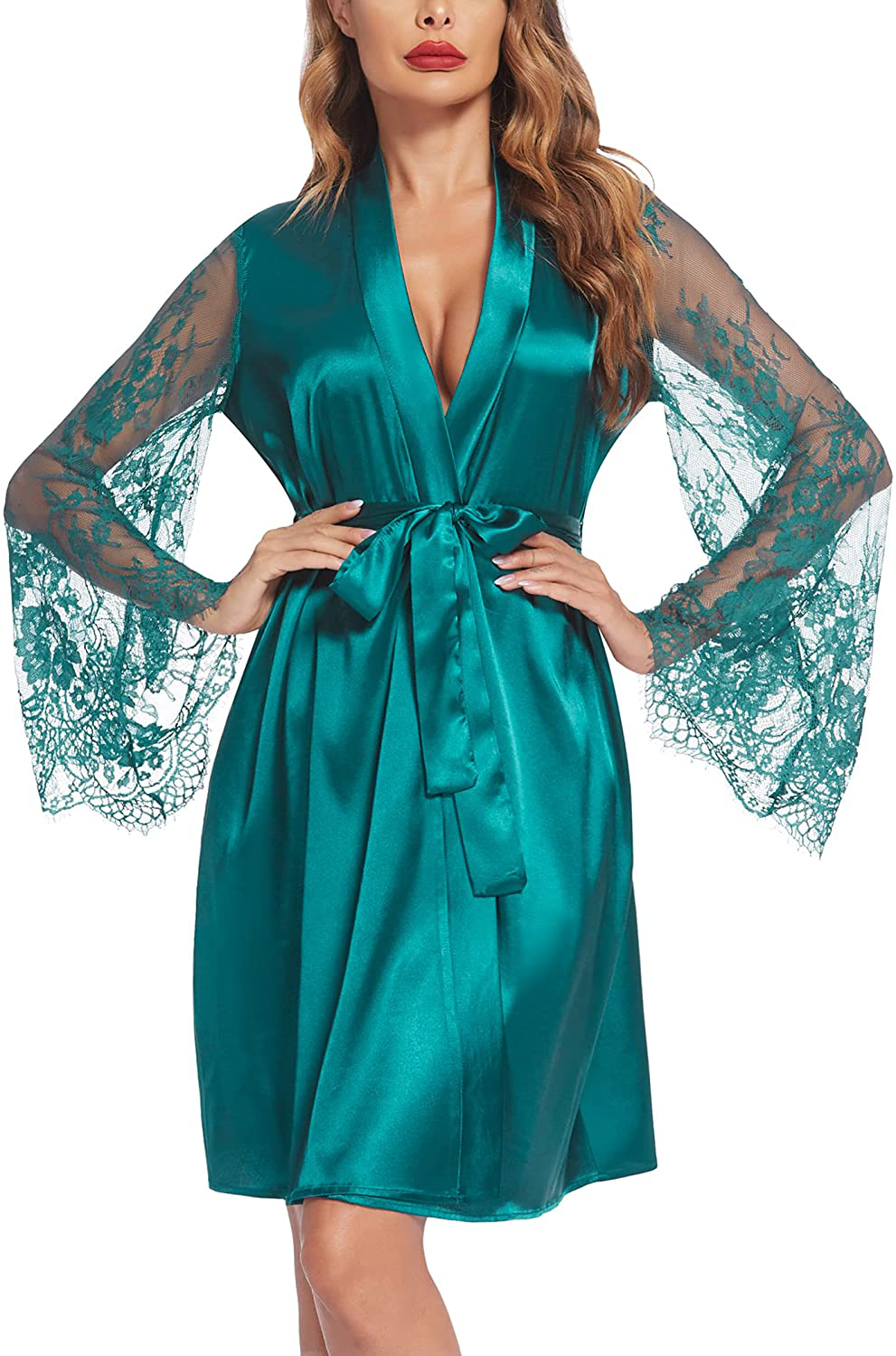 Avidlove Women'S Satin Kimono Robe for Bridesmaid and Bride Wedding Party Getting Ready Short Robe Apparel & Accessories > Clothing > Sleepwear & Loungewear > Robes Avidlove Dark Green Medium