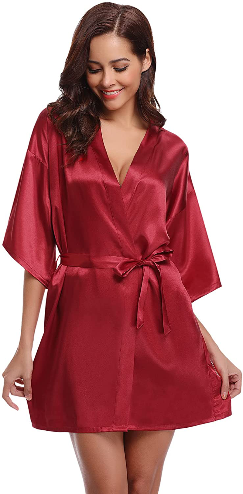 Litherday Women'S Kimono Robe Silk Bathrobe Sleepwear Short Satin Robes for Bridal Bridesmaids Dressing Gown Apparel & Accessories > Clothing > Sleepwear & Loungewear > Robes Litherday Wine Red Small