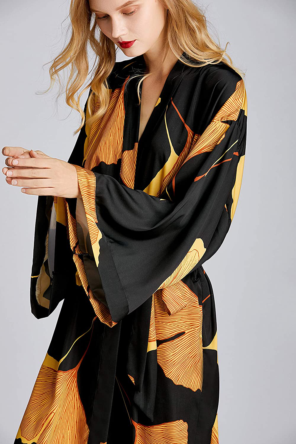 EORUBE Women'S Kimono Robe Long Ginkgo Leaf Printed Satin Robe Bride Bridesmaid Dressing Gown Apparel & Accessories > Clothing > Sleepwear & Loungewear > Robes EORUBE