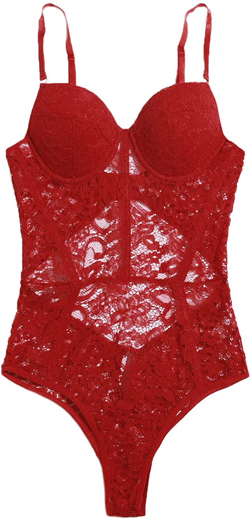 Verdusa Women's Backless Floral Lace Sheer Underwire One Piece Teddy Bodysuit Apparel & Accessories > Clothing > Underwear & Socks > Lingerie Verdusa Red Medium