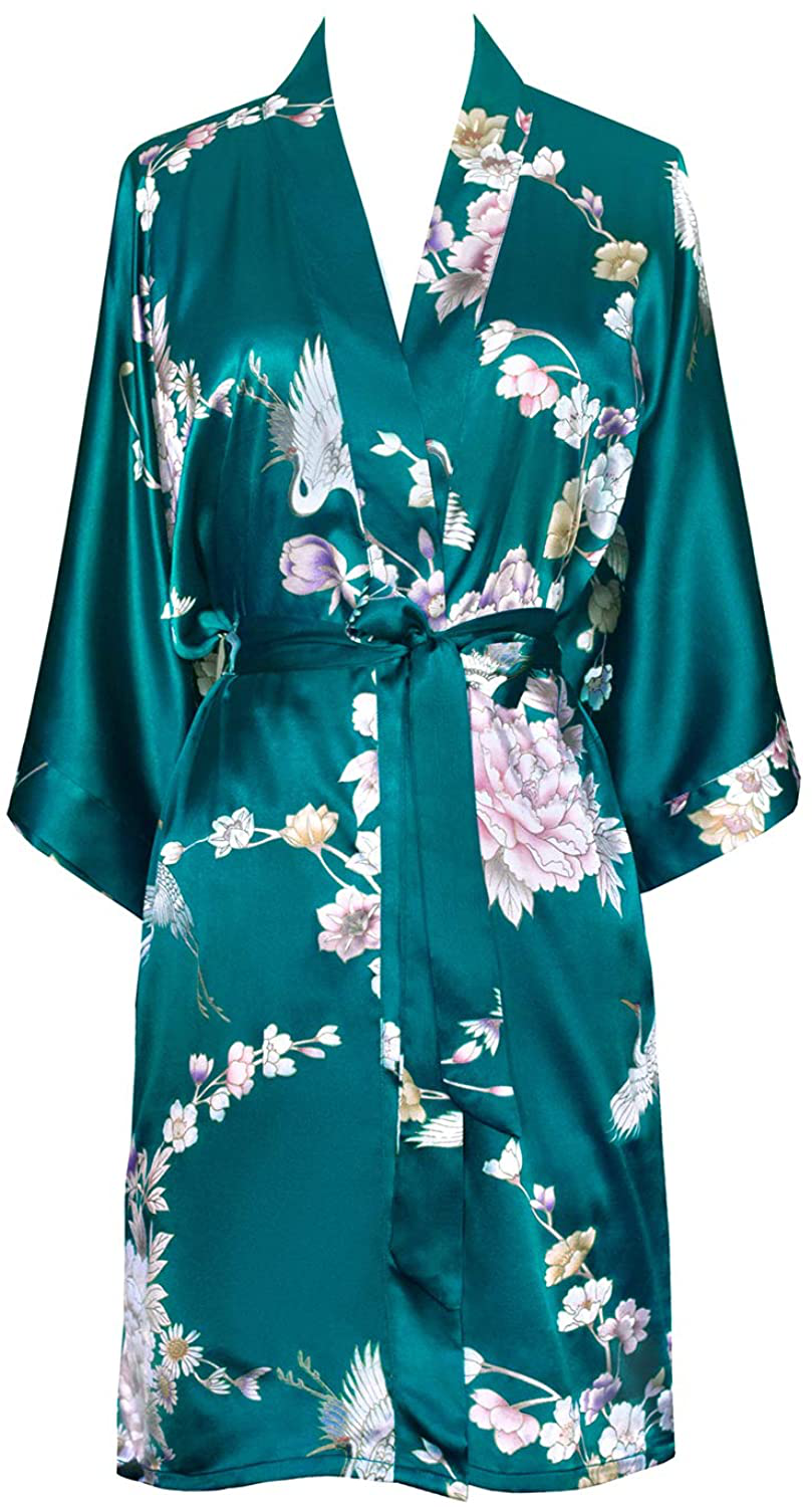 KIM+ONO Women'S Satin Kimono Robe Short - Floral Apparel & Accessories > Clothing > Sleepwear & Loungewear > Robes KIM+ONO Chrysanthemum & Crane - Peacock
