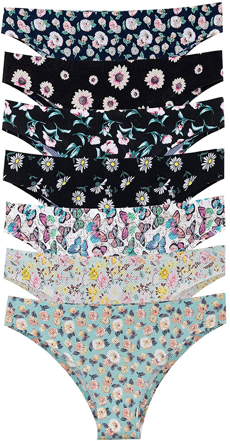 Dlala 7 Pack Women Seamless Underwear No Show Breathable Soft Stretch Bikini Panties Apparel & Accessories > Clothing > Underwear & Socks > Underwear Dlala Color a : Flower Design X-Large