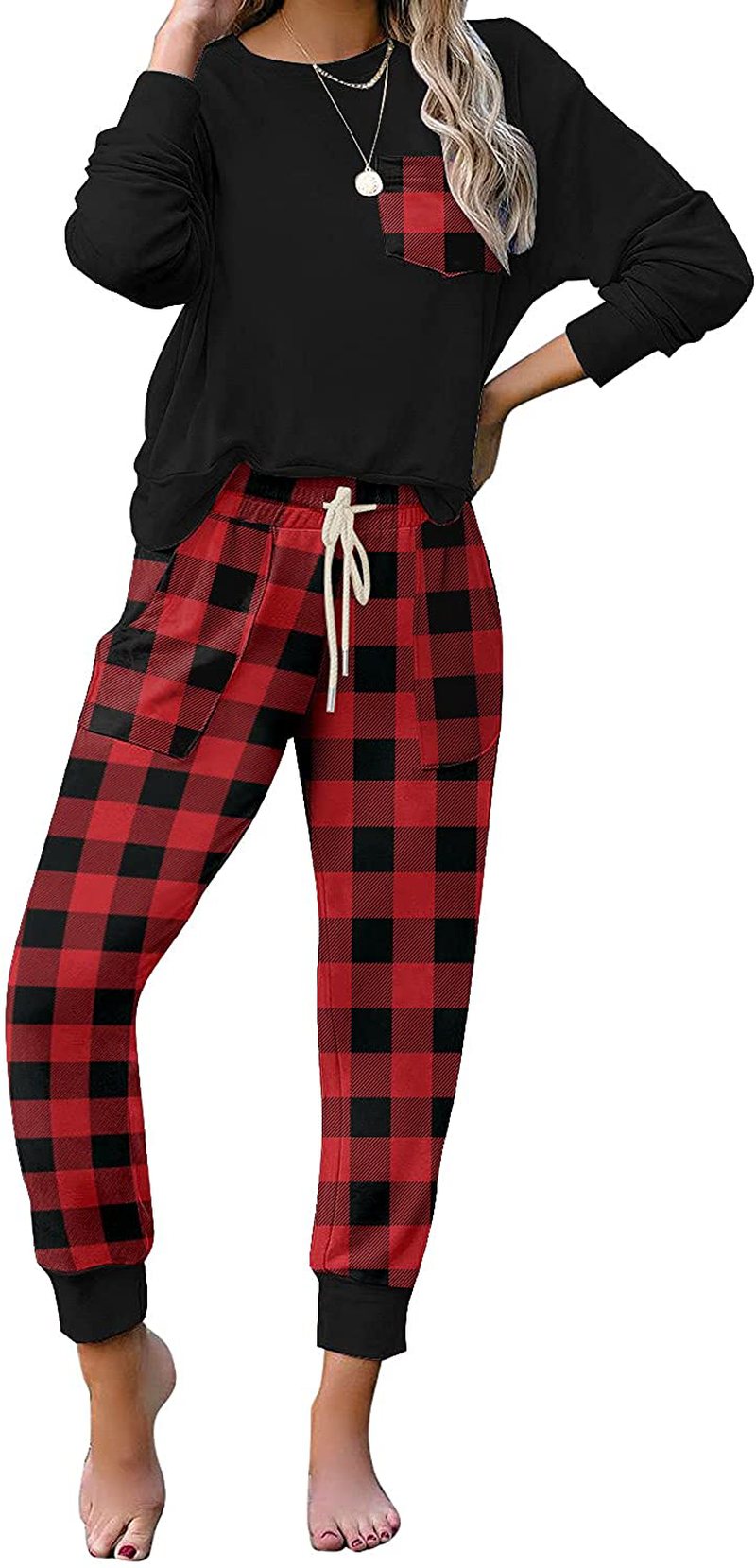 luvamia Women Tie Dye Pajama Sets Long Sleeve Tops and Pants PJ Sets Joggers Loungewear Sleepwear Apparel & Accessories > Clothing > Sleepwear & Loungewear > Pajamas KYLIE MAX Red Plaid Large