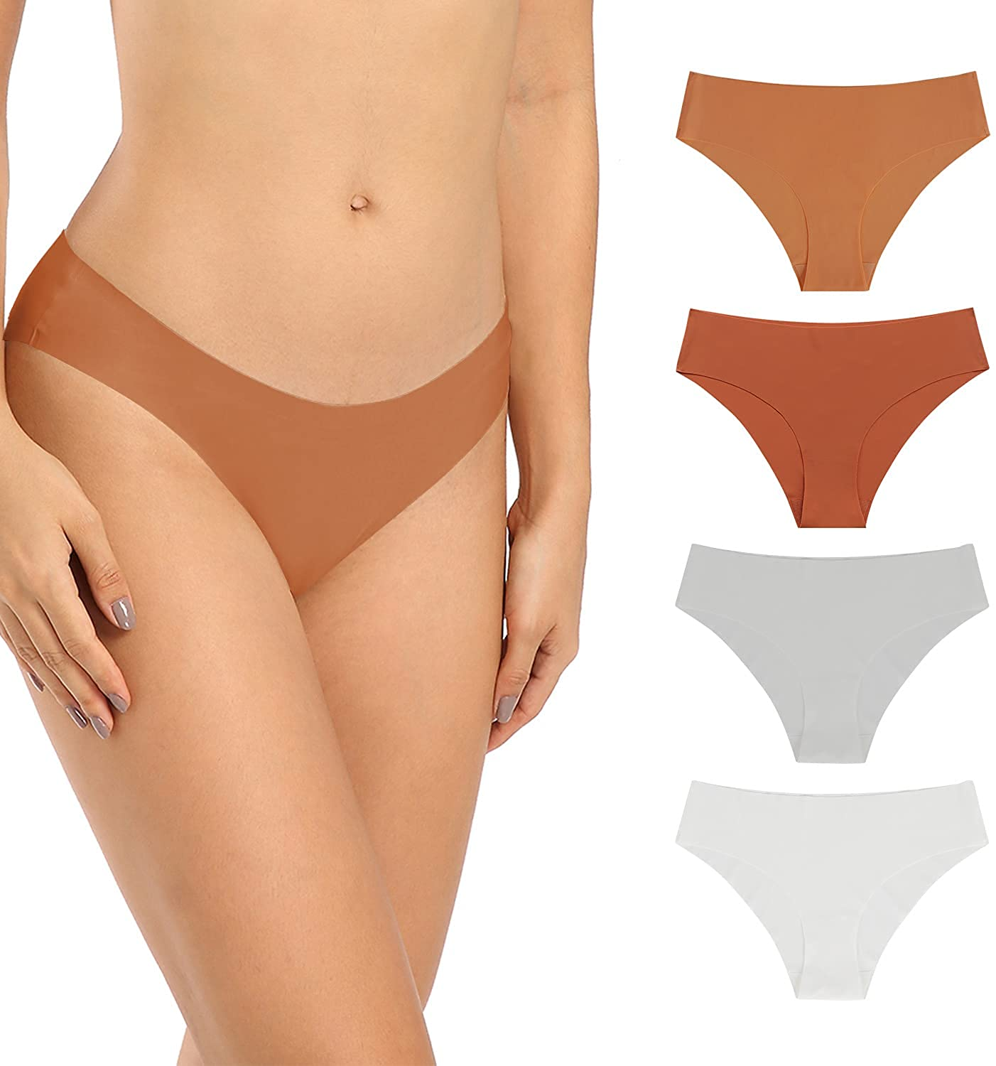 SHARICCA Women Seamless Cheeky Bikini No Show Panties Ladies Invisible Breathable Briefs Soft Stretch Underwear Multi Pack Apparel & Accessories > Clothing > Underwear & Socks > Underwear SHARICCA Brown-orange-gray-white X-Large