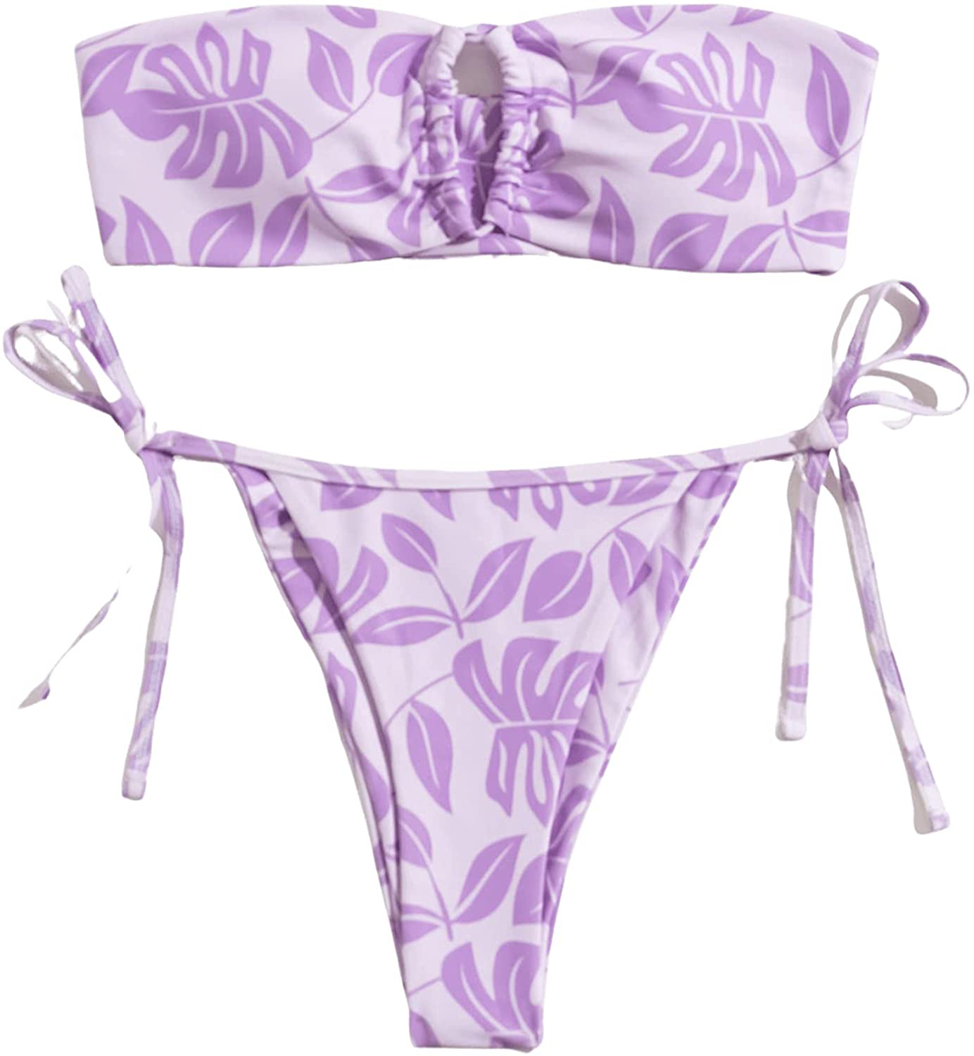SOLY HUX Women's Floral Print Tie Front Bikini Bathing Suit 2 Piece Swimsuits Apparel & Accessories > Clothing > Swimwear SOLY HUX Lilac Purple Large