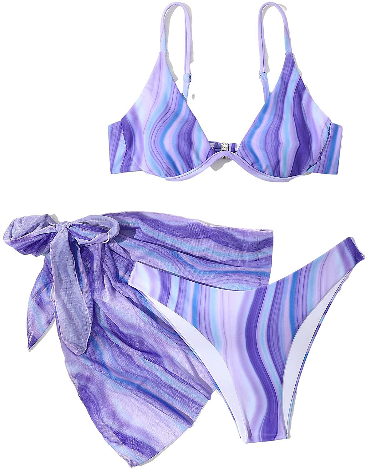 SheIn Women's 3 Piece Tie Dye Underwire Bikini Set Swimsuit and Cover Up Beach Skirt Apparel & Accessories > Clothing > Swimwear SheIn Purple Large