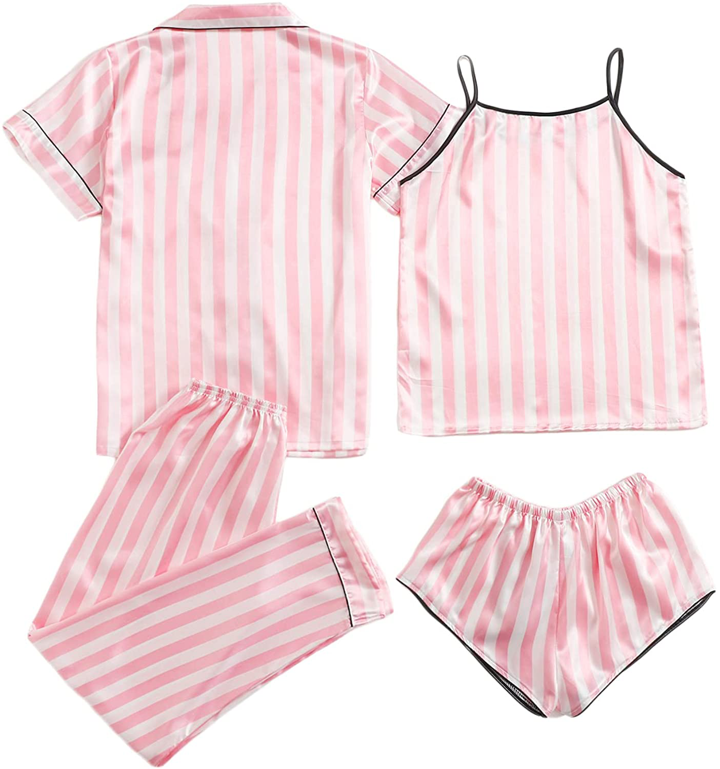 WDIRARA Women'S Silk Satin Pajama Set 4 Pieces Sleepwear Loungewear Pj Sets Apparel & Accessories > Clothing > Sleepwear & Loungewear Kylie Max