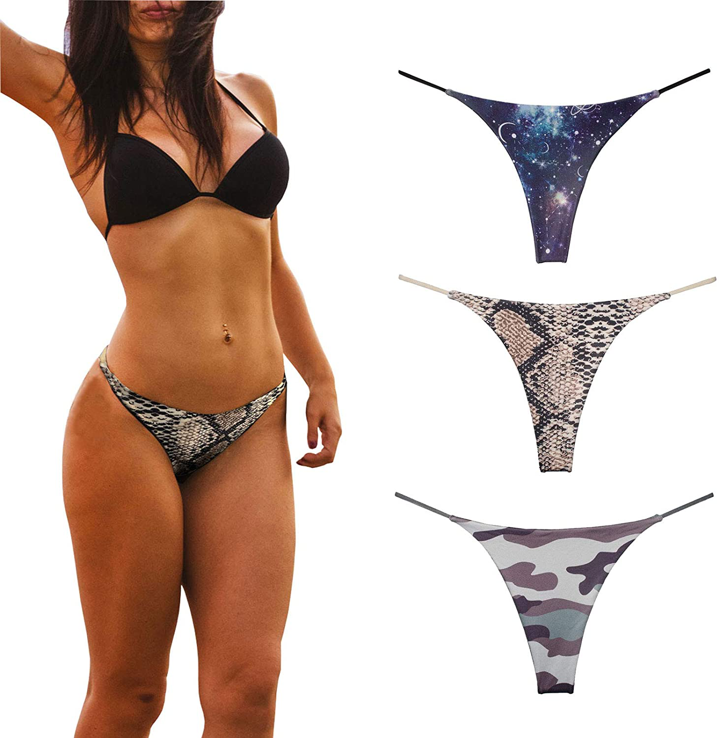 Cotton Thongs for Women Sexy Seamless Woman G String Panties 3 Pack Set Apparel & Accessories > Clothing > Underwear & Socks > Underwear KUKU PANDA Galaxy Snake Camouflage Medium