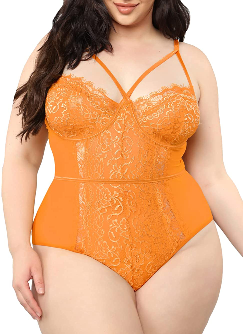 Kaei&Shi Plus Size Lingerie for Women,Sheer Lace Sexy V Neck Bodysuit,Eyelash One Piece Floral Teddy Valentine Apparel & Accessories > Clothing > Underwear & Socks > Lingerie Kaei&Shi Orange 5X-Large