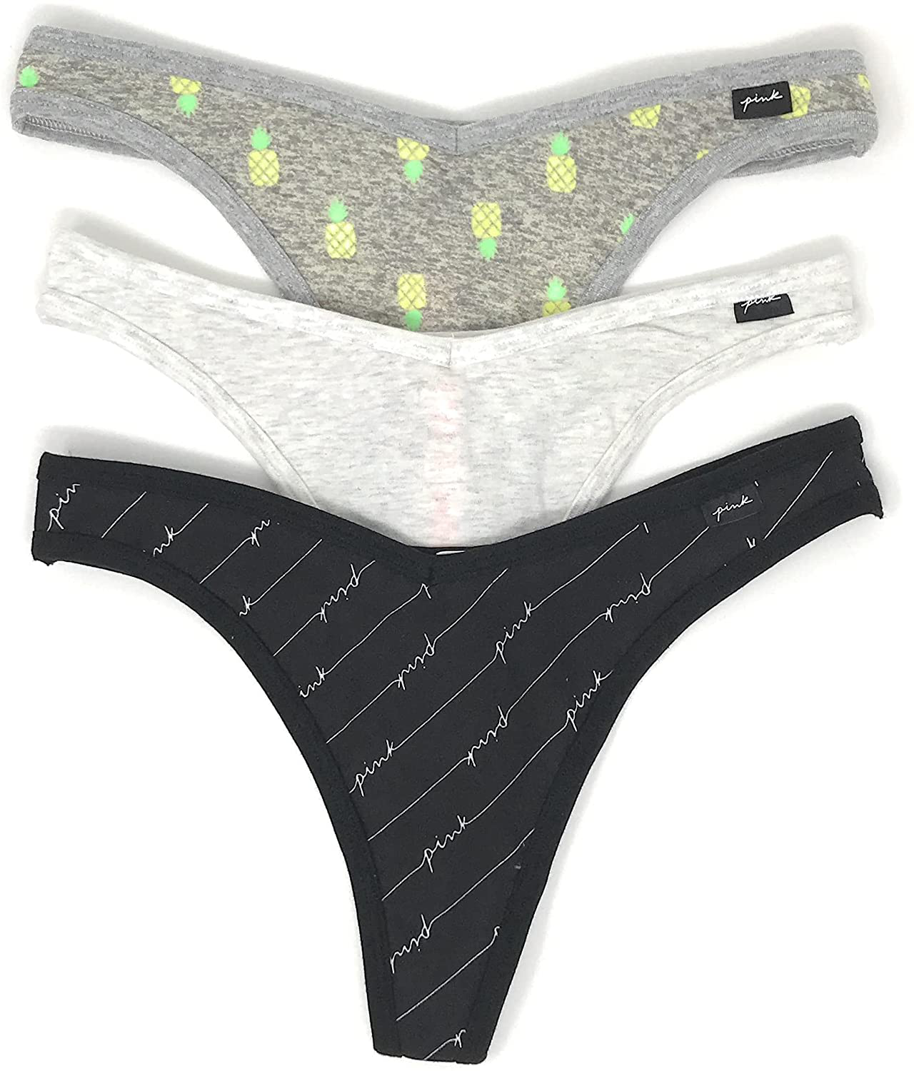 Victoria's Secret PINK Thong Panty Set of 3 Apparel & Accessories > Clothing > Underwear & Socks > Underwear Victoria's Secret Pineapples / Lt Gray / Black Logos Medium