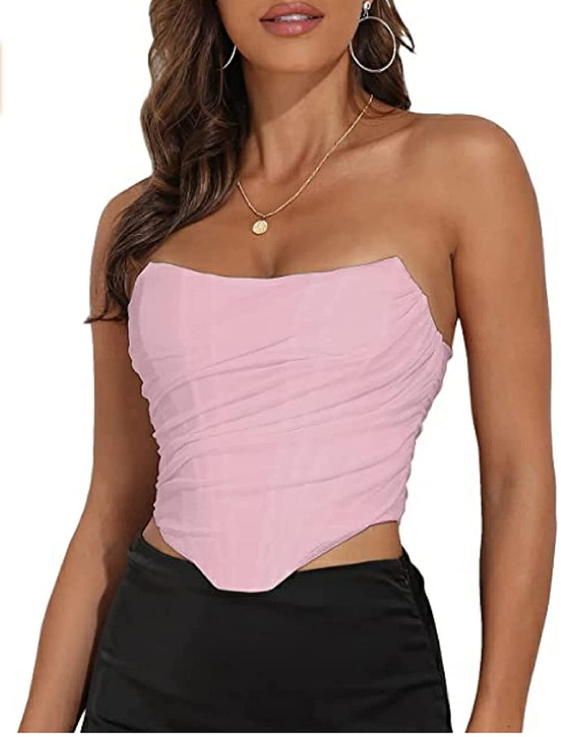 Sexy Women Push up Bustiers Corsets Strapless off Shoulder Slim Crop Tops Clubwear Party Outwear Apparel & Accessories > Clothing > Underwear & Socks > Lingerie hirigin Pink Mesh Medium