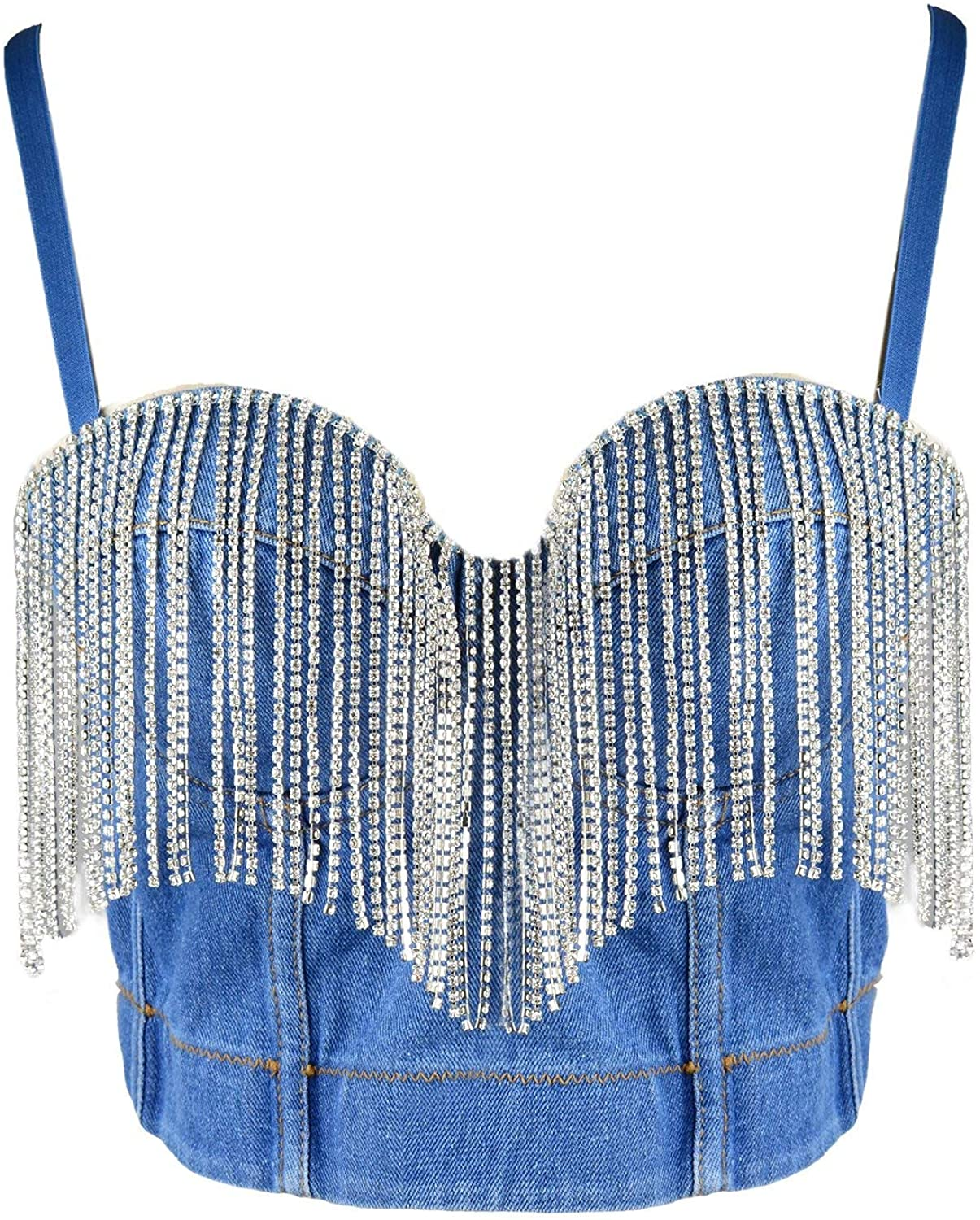 ELLACCI Women'S Tassel Rhinestone Denim Bustier Crop Top Jean Corset Top Bra Blue Apparel & Accessories > Clothing > Underwear & Socks > Lingerie ELLACCI