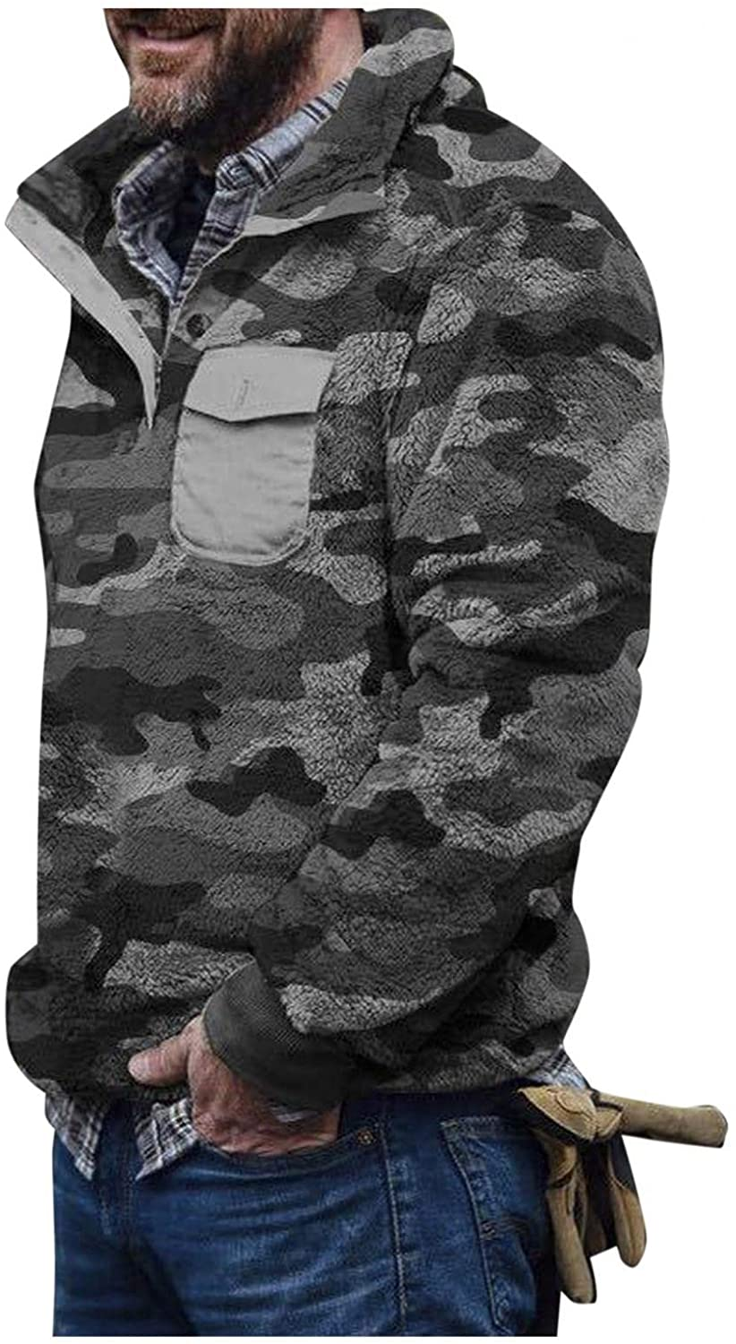 Merthy Mens Warm Camo Plush Henely Shirts Sherpa Fleece Jackets Long Sleeve Stand Collar Thermal Stylish Printed Outwear Apparel & Accessories > Clothing > Underwear & Socks > Shapewear Merthy Grey XX-Large