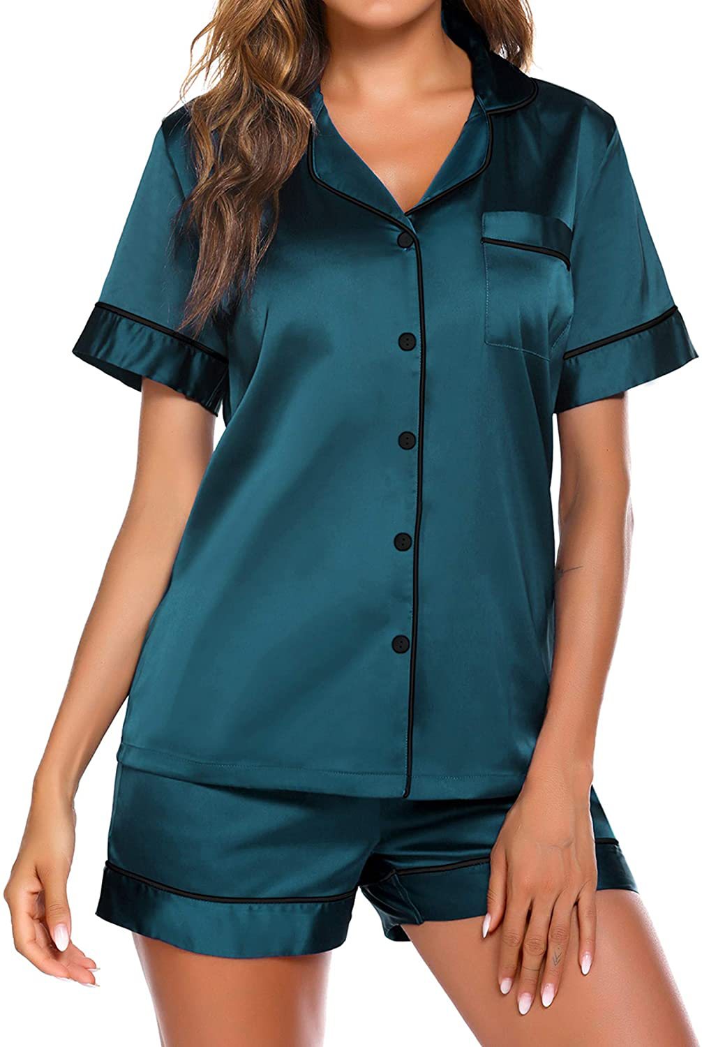 Ekouaer Satin Pajamas Women'S Short Sleeve Sleepwear Soft Silk Button down Loungewear Pjs Shorts Set S-XXL Apparel & Accessories > Clothing > Sleepwear & Loungewear Kylie Max
