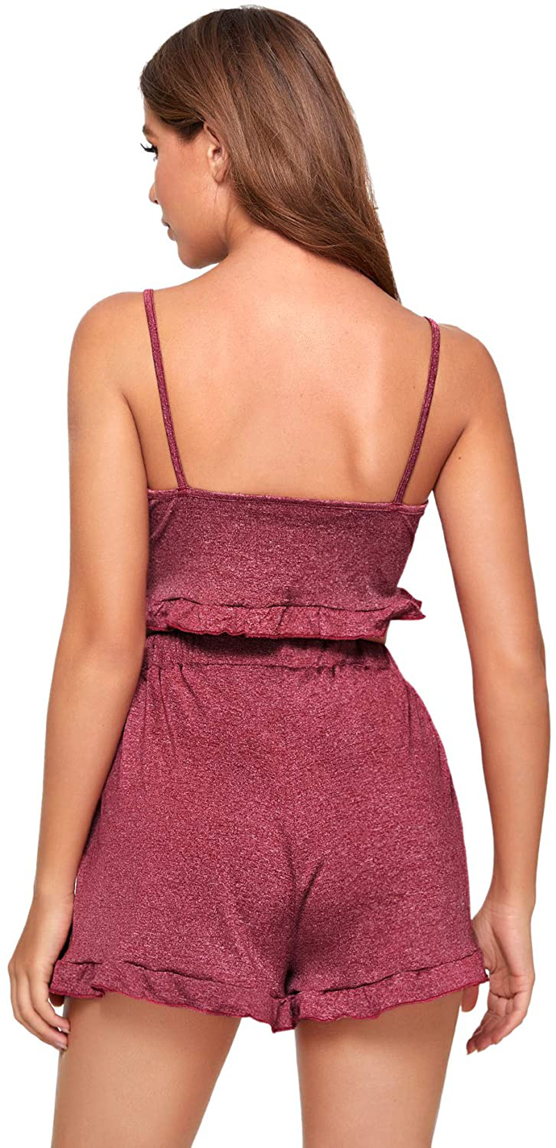 Shein Women'S 2 Pieces V Neck Cami Crop Top and Frill Trim Shorts Pajama Set Outfit Apparel & Accessories > Clothing > Sleepwear & Loungewear Kylie Max