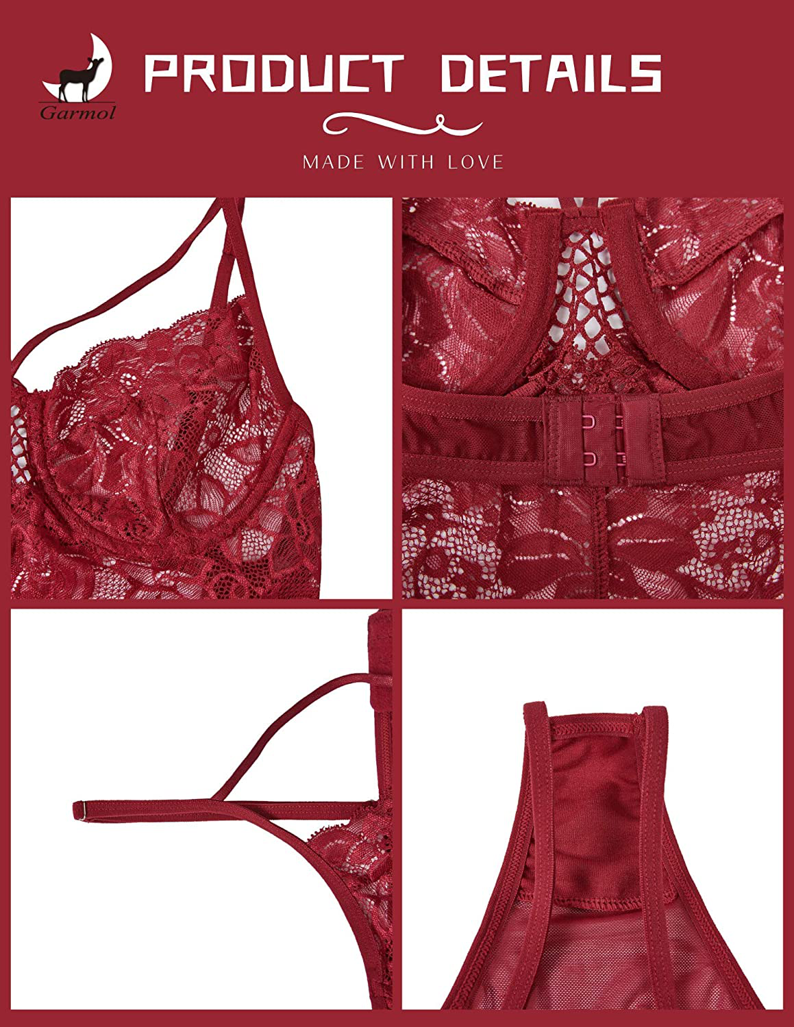 Garmol Womens Teddy Lingerie, Lace Underwear Cups Mesh Bodysuit Deep V Neck One Piece Babydoll, XS-XL Apparel & Accessories > Clothing > Underwear & Socks > Lingerie Garmol