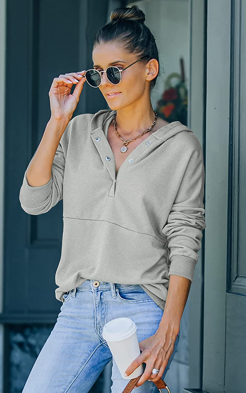 KIRUNDO Women'S Long Sleeve Casual Sweatshirts Women Hoodies Solid Color Button Collar Fall Pullover Tops Apparel & Accessories > Clothing > Activewear Kylie Max
