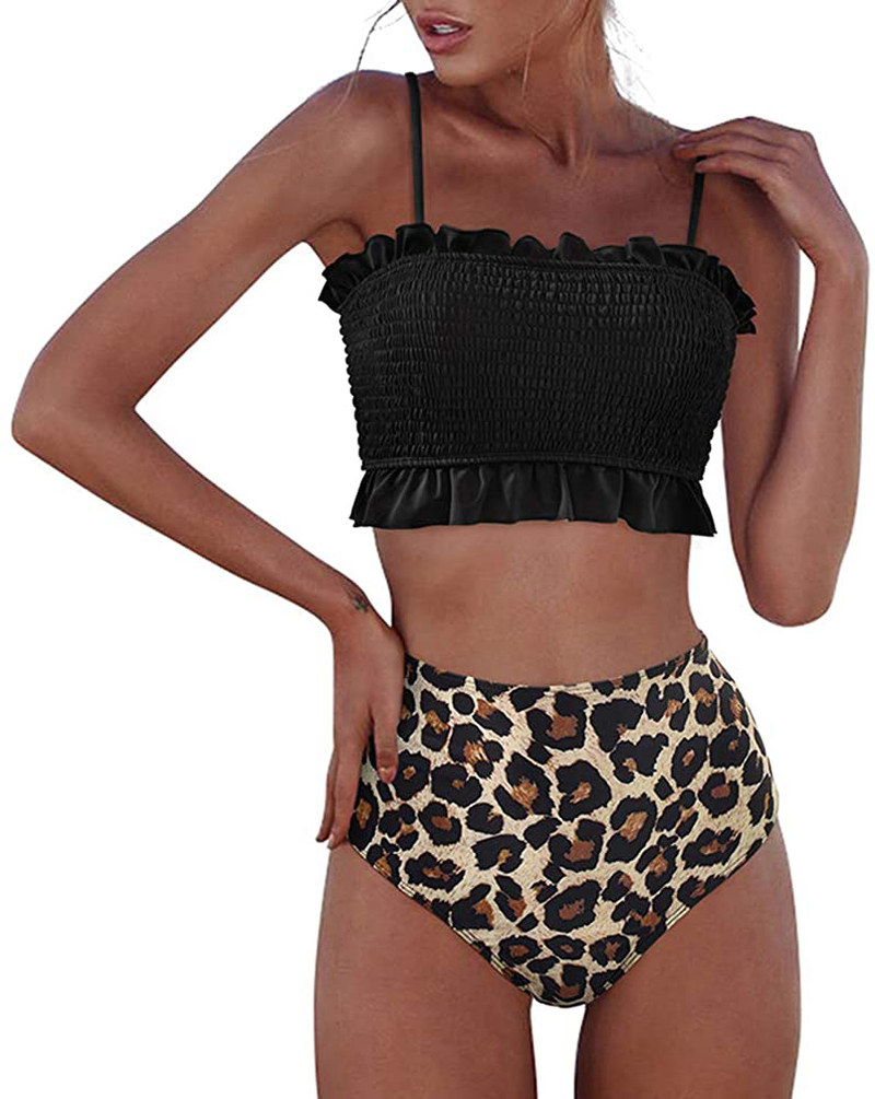 RXRXCOCO Womens Shirred Bandeau Bikini Cute Two Piece Swimsuit Off Shoulder High Waist Bathing Suit Apparel & Accessories > Clothing > Swimwear RXRXCOCO Leopard-5 Large