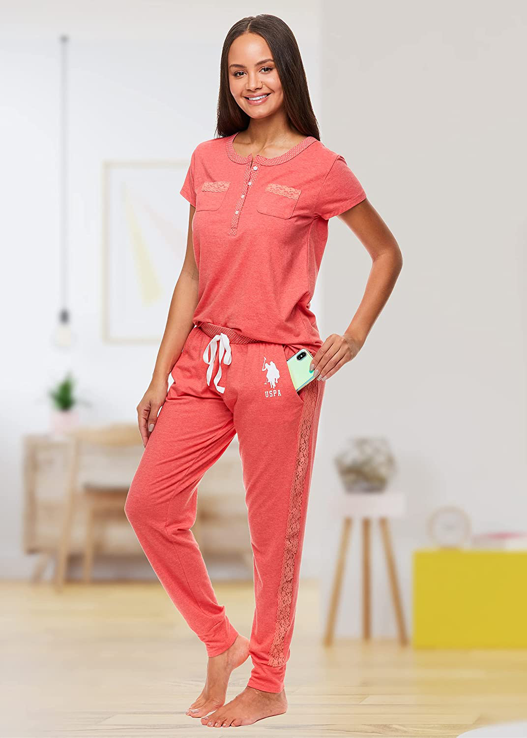 U.S. Polo Assn. Womens Pajama Set with Pockets - Short Sleeve Shirt and Pajama Pants Pj Set Apparel & Accessories > Clothing > Sleepwear & Loungewear > Pajamas U.S. Polo Assn.