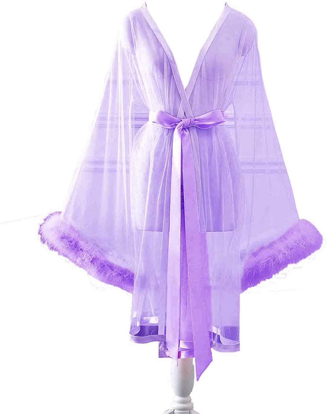 Changuan Sexy Illusion Long Lingerie Robe Nightgown Bathrobe Sleepwear Feather Bridal Robe Wedding Scarf Apparel & Accessories > Clothing > Sleepwear & Loungewear > Robes Changuan Short-lilac 3X-Large