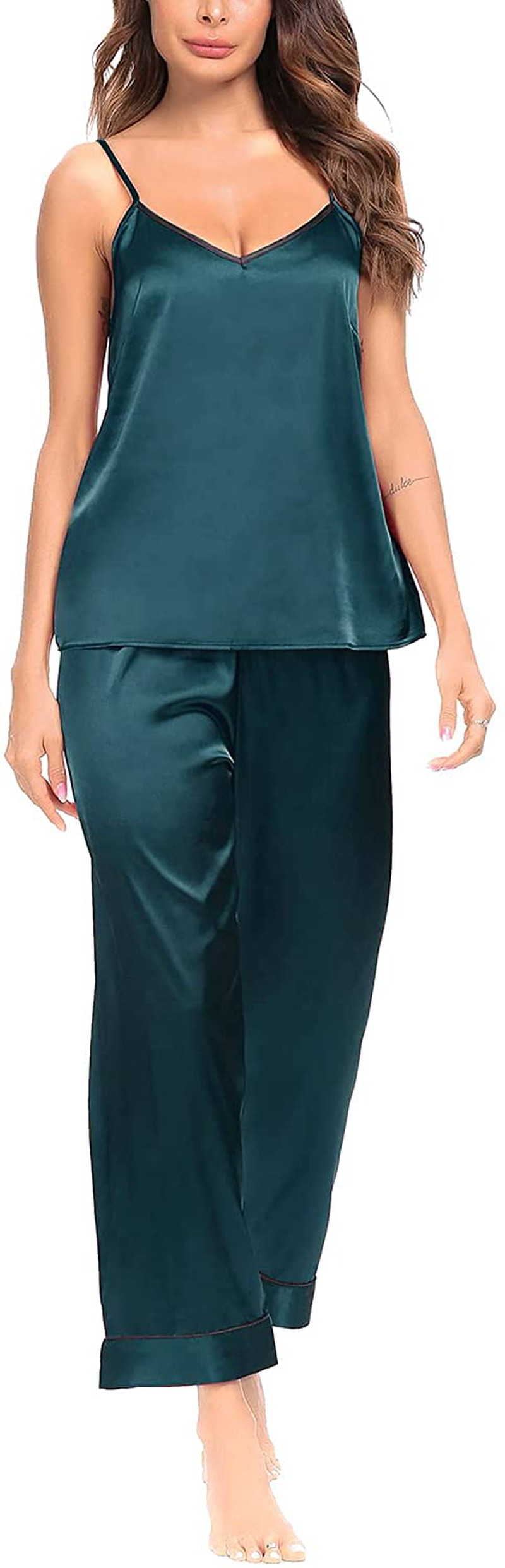 SWOMOG Womens Silk Satin Pajamas Set Two-Piece Pj Sets Cami Top and Capris Pants Sleepwear Apparel & Accessories > Clothing > Sleepwear & Loungewear Kylie Max