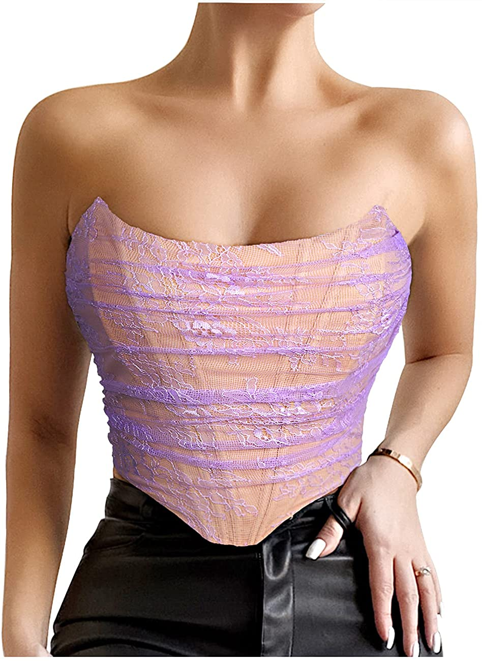Junova Women'S Sexy Strapless Floral Lace Bustier Open Back Boned Corset Crop Top Apparel & Accessories > Clothing > Underwear & Socks > Lingerie Junova Purple Medium