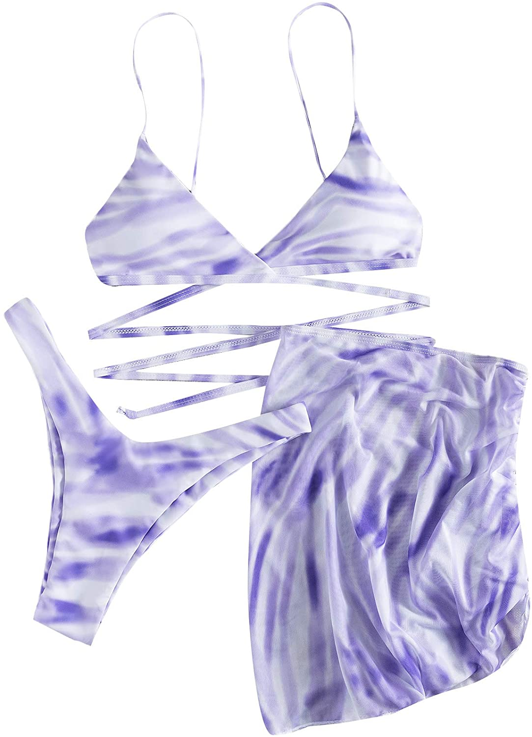 SOLY HUX Women'S Tie Dye Wrap Bikini Bathing Suits with Mesh Beach Skirt 3 Piece Swimsuits Apparel & Accessories > Clothing > Underwear & Socks > Lingerie KYLIE MAX Purple Small