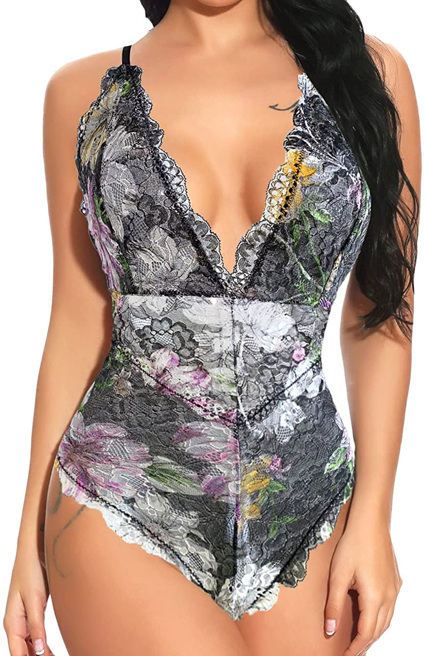 Kaei&Shi V-Neck See Through Lingerie Floral Lace Babydoll Sexy Lingerie for Women One Piece Bodysuit Apparel & Accessories > Clothing > Underwear & Socks > Lingerie Kaei&Shi Multi Black Small