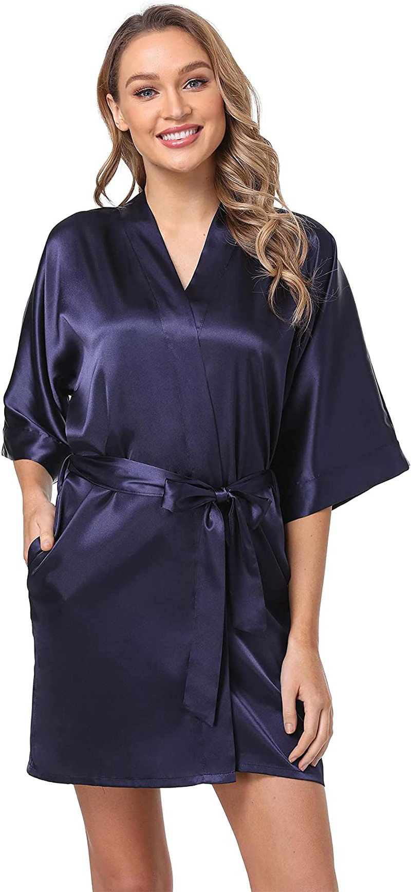 The Bund Women'S Short Robes Lace Bride Bridesmaids Sexy Bathrobe Satin Spa Robe Pure Color Apparel & Accessories > Clothing > Sleepwear & Loungewear > Robes The Bund Dark Blue XX-Large