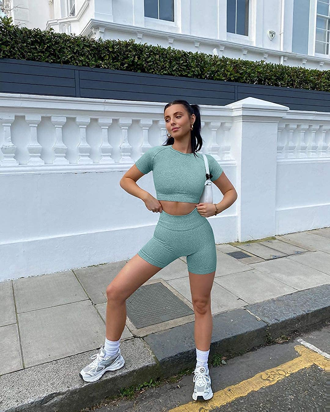 OYS Women'S Yoga 2 Piece Outfits Workout Running Crop Top Seamless High Waist Sports Shorts Sets Apparel & Accessories > Clothing > Underwear & Socks > Lingerie OYS