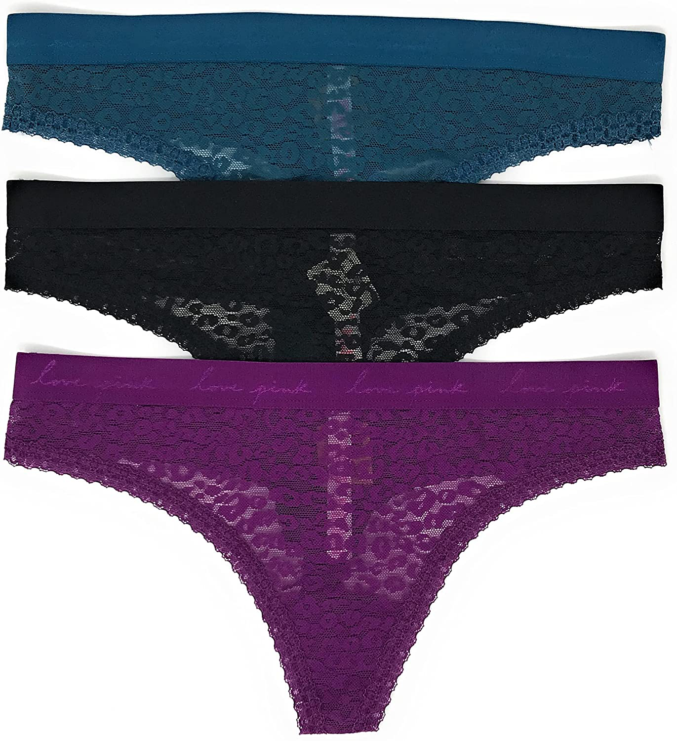 Victoria's Secret PINK Thong Panty Set of 3 Apparel & Accessories > Clothing > Underwear & Socks > Underwear Victoria's Secret Lace Teal Logos / Black / Violet Logos X-Large
