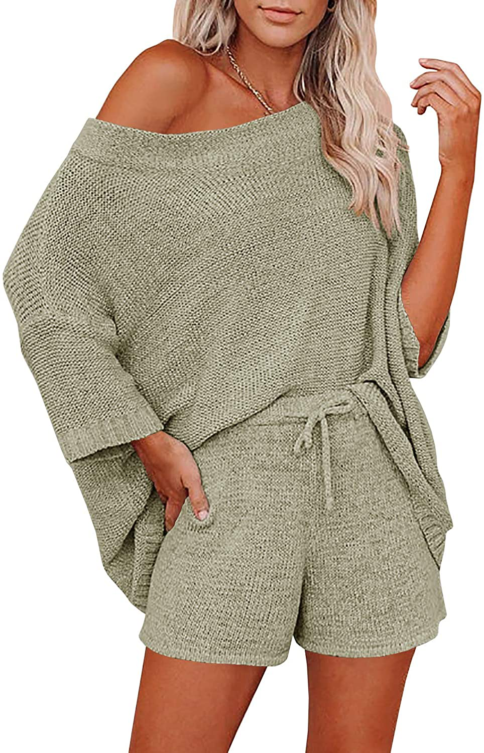 Ermonn Womens 2 Piece Outfits Sweater Sets off Shoulder Knit Tops Waist Short Suits Casual Pajama Set Apparel & Accessories > Clothing > Sleepwear & Loungewear Kylie Max