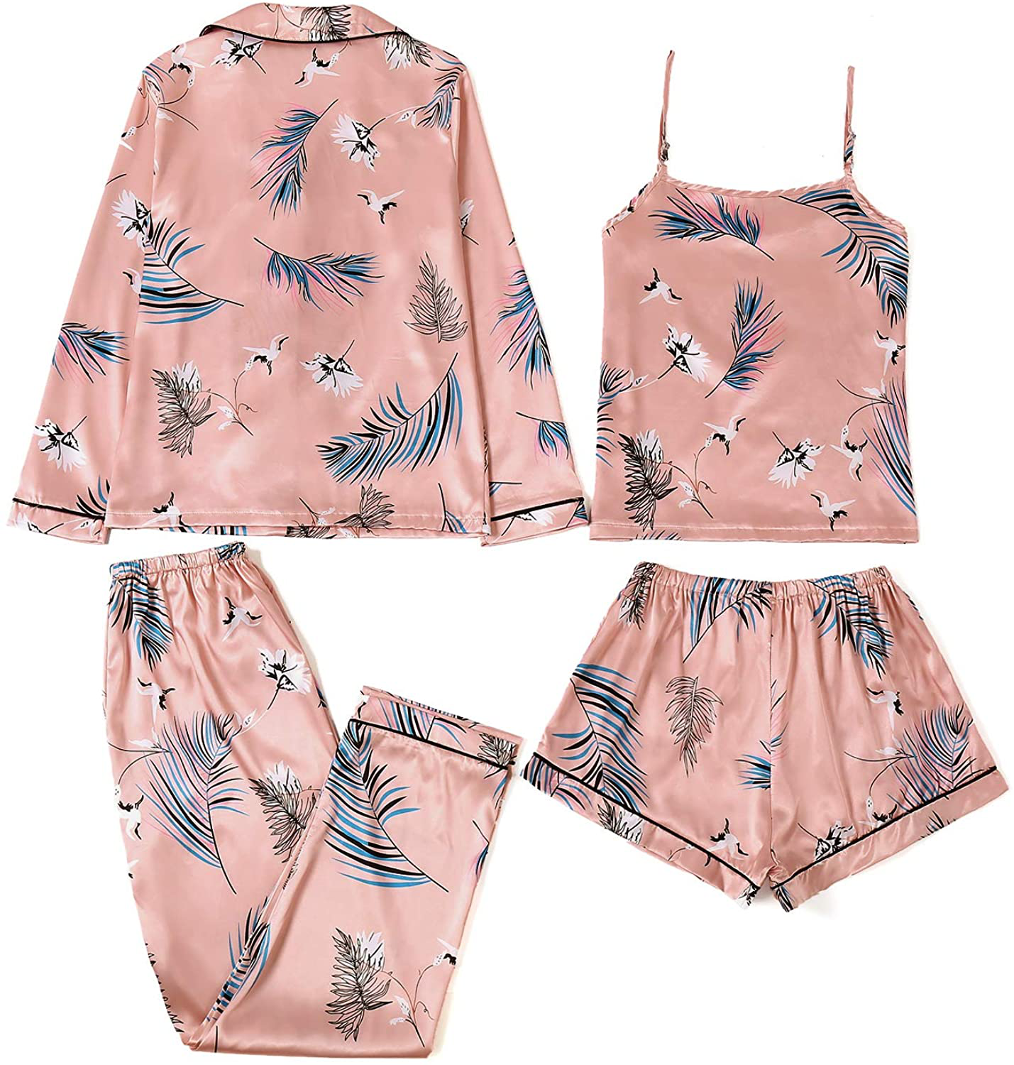 LYANER Women'S Pajamas Set 4Pcs Satin Silk Cami Top Button down Loungewear Pjs Set Apparel & Accessories > Clothing > Sleepwear & Loungewear Kylie Max
