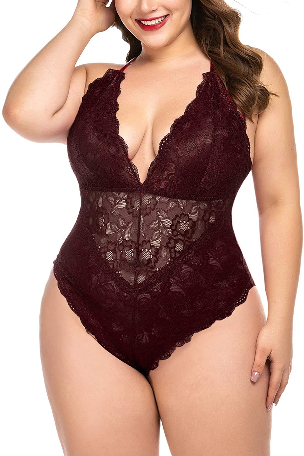 ELOVER Lingerie for Women Plus Size Lace Teddy Lingerie Bodysuit One Piece Babydoll Apparel & Accessories > Clothing > Underwear & Socks > Lingerie ELOVER Snap Crotch Bodysuit-brown Large