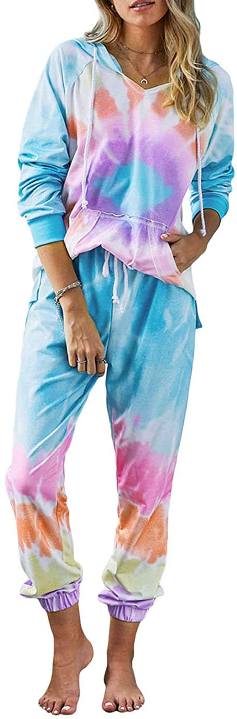 KIRUNDO Women’s Tie Dye Pajamas Set Long Sleeves Jogger PJ Sets Two Pieces Round Neck Loungewear Nightwear Sleepwear Apparel & Accessories > Clothing > Sleepwear & Loungewear > Pajamas KIRUNDO Blue Medium