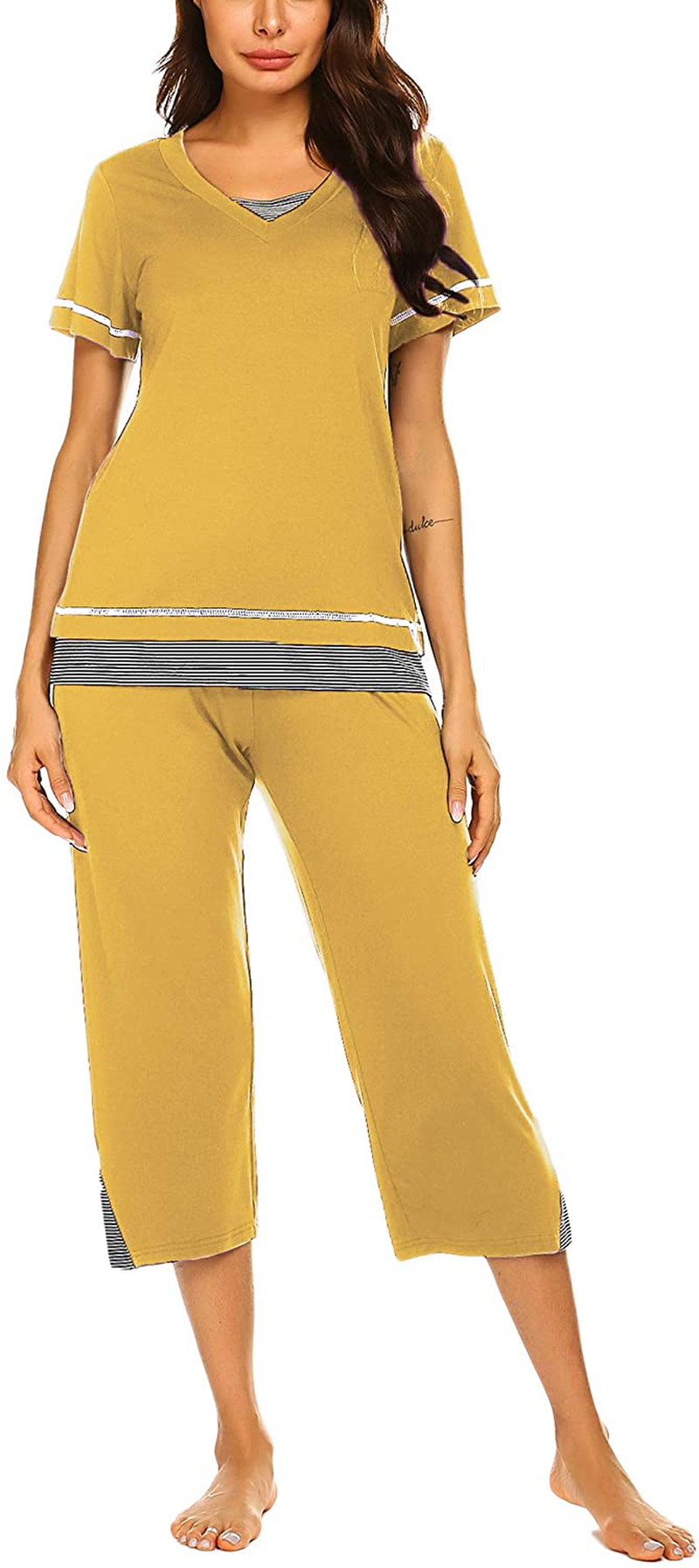 Ekouaer Women's Pajamas Set Soft V Neck Striped Sleepwear Top and Capri Pj Lounge Sets Apparel & Accessories > Clothing > Sleepwear & Loungewear > Pajamas Ekouaer