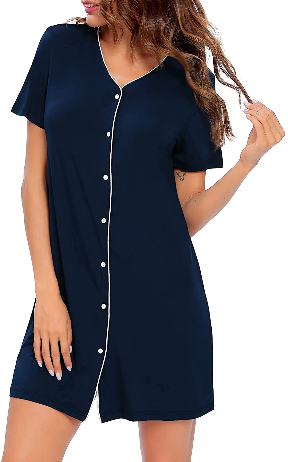 SWOMOG Women'S Button down Nightgown Short Sleeve Nightshirt V-Neck Sleepwear Boyfriend Sleepshirt Pajama Dress Apparel & Accessories > Clothing > Sleepwear & Loungewear > Nightgowns Kylie Max