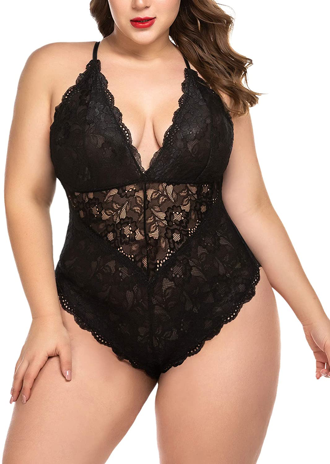ELOVER Lingerie for Women Plus Size Lace Teddy Lingerie Bodysuit One Piece Babydoll Apparel & Accessories > Clothing > Underwear & Socks > Lingerie ELOVER Snap Crotch Bodysuit-black 4X-Large