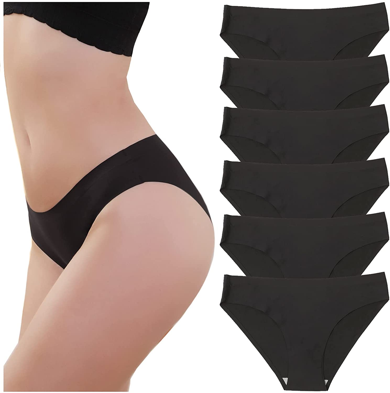 LEVAO Seamless Underwear for Women Soft Breathable Stretch Printed Briefs No Show Cheeky Bikini Panties Pack of 6 Apparel & Accessories > Clothing > Underwear & Socks > Underwear LEVAO Black X-Large