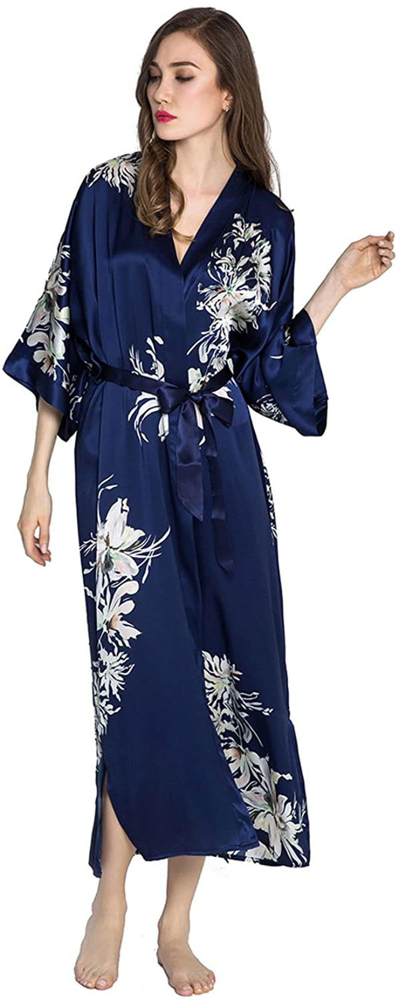 KIM+ONO Women'S Silk Kimono Robe Long - Floral Print Apparel & Accessories > Clothing > Sleepwear & Loungewear > Robes KIM+ONO