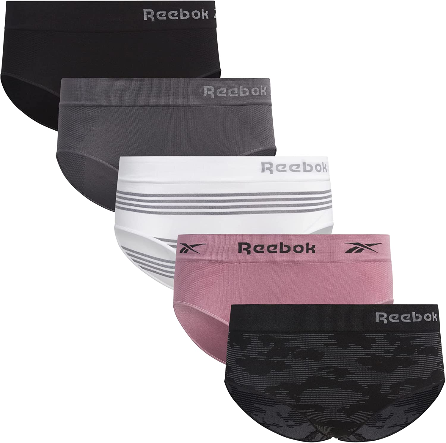 Reebok Women'S Underwear - Seamless Hipster Briefs (5 Pack) Apparel & Accessories > Clothing > Underwear & Socks > Underwear Reebok Black/Purple/White/Grey Large