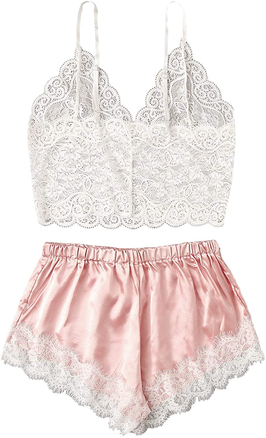 WDIRARA Women'S 2Pcs Sexy Floral Lace Cami Top with Shorts Sleepwear Pajama Set Apparel & Accessories > Clothing > Sleepwear & Loungewear Kylie Max