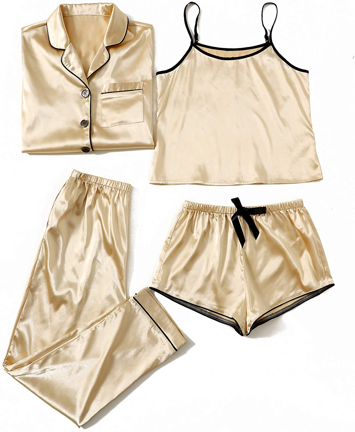 WDIRARA Women'S Silk Satin Pajama Set 4 Pieces Sleepwear Loungewear Pj Sets Apparel & Accessories > Clothing > Sleepwear & Loungewear Kylie Max