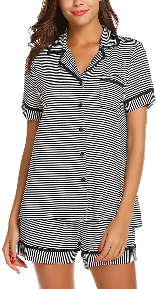 Ekouaer Pajamas Soft Striped Women's Short Sleeve Button Sleepwear Shorts Shirt PJ Set(S-XXL) Apparel & Accessories > Clothing > Sleepwear & Loungewear > Pajamas Ekouaer D-black Striped Medium