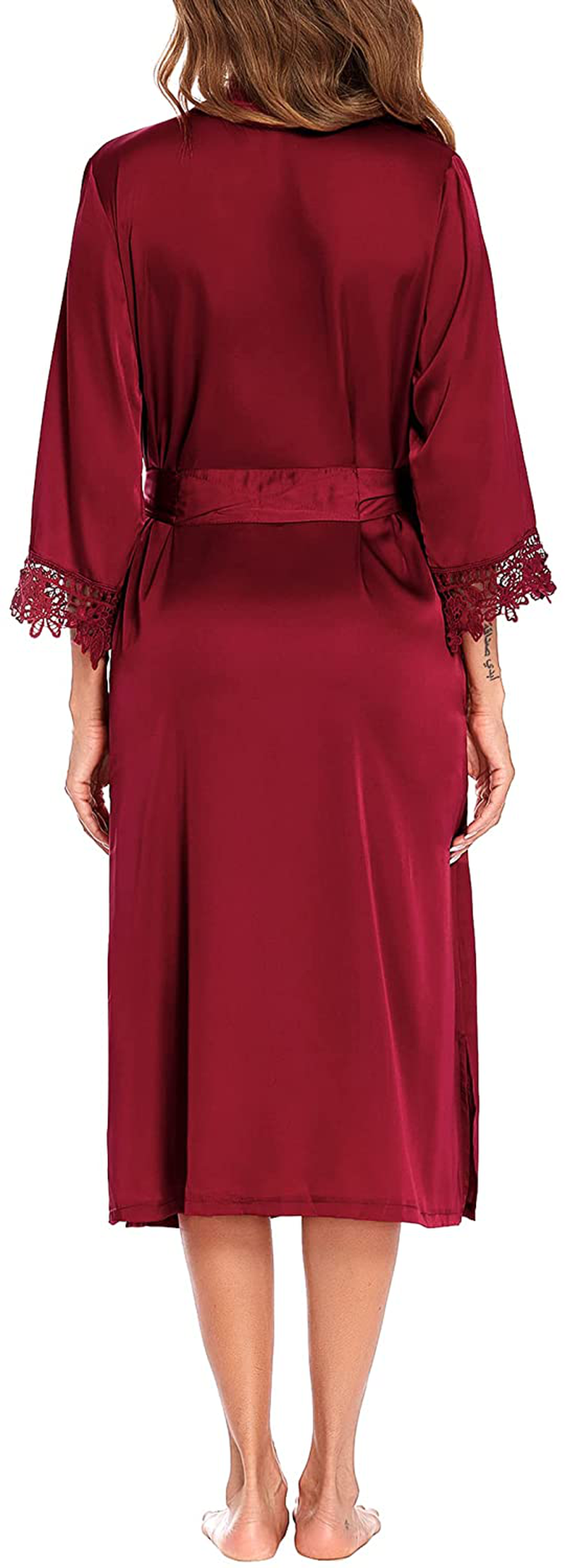 MAXMODA Women'S Satin Robe Lace-Trim Kimono Style Long Silk Robe Sleepwear with 3/4 Sleeve Apparel & Accessories > Clothing > Sleepwear & Loungewear > Robes MAXMODA