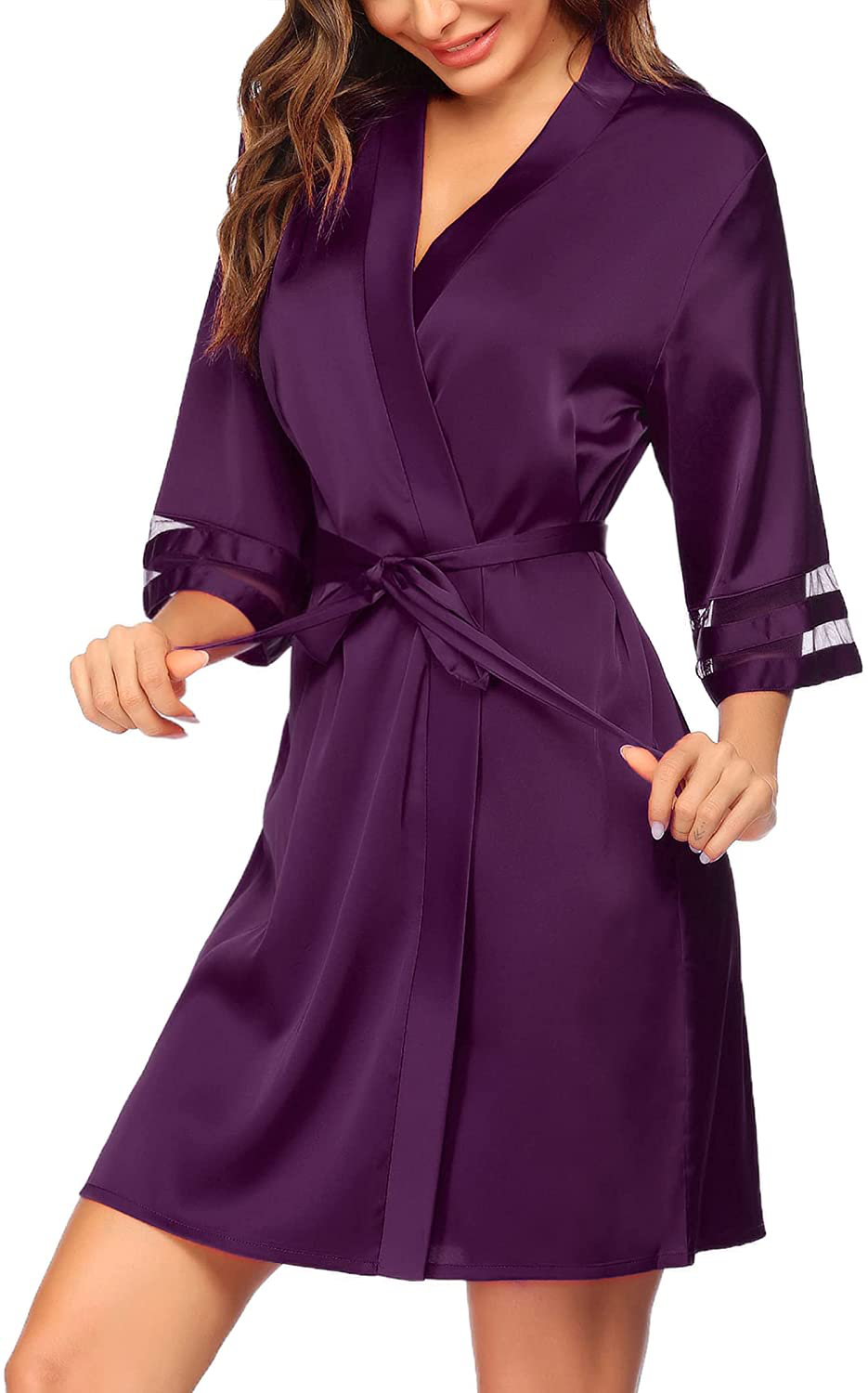 Ekouaer Womens Satin Robe Lightweight Kimono Bathrobe 3/4 Bell Sleeve Bridesmaid Bride Party Robes S-XXL Apparel & Accessories > Clothing > Sleepwear & Loungewear > Robes Ekouaer Purple X-Large