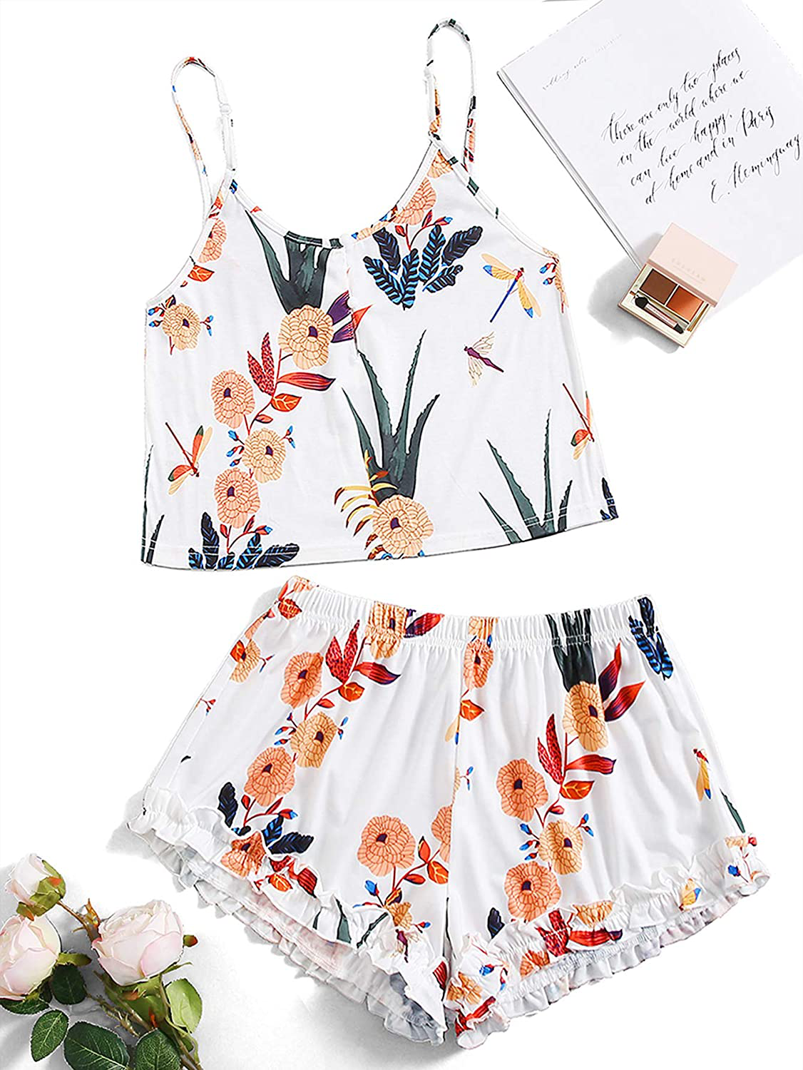 Shein Women'S Summer Floral Print Cami Top and Shorts Pajamas Set Apparel & Accessories > Clothing > Sleepwear & Loungewear Kylie Max